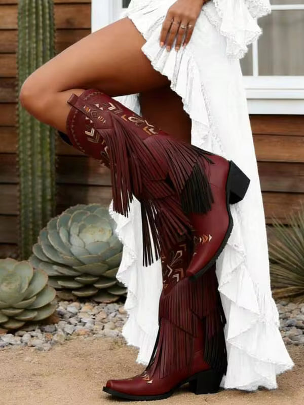 Brown Cowgirl Western Boots Fringe Tassel Chunky Block Heels For Women Mid Calf Slip On Retro Casual Fashion Halloween Women Ridding Shoes