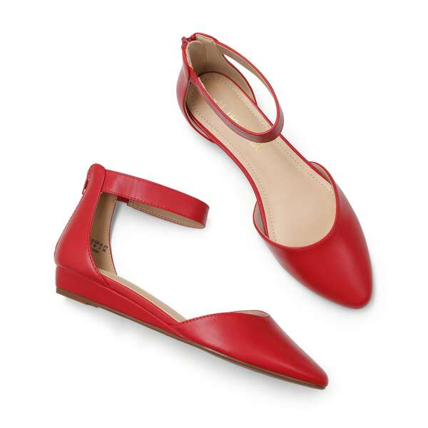 Women's Closed Pointed Toe Low Wedge Ankle Strap Casual Comfortable Ballet Flats With Back Zipper Design Party Wedding Shoes